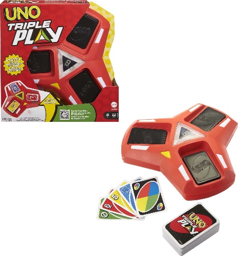 Mattel Games UNO Triple Play Card Game with Card-Holder Unit with Lights & Sounds & 112 Cards, Kid, Teen & Adult Game Night