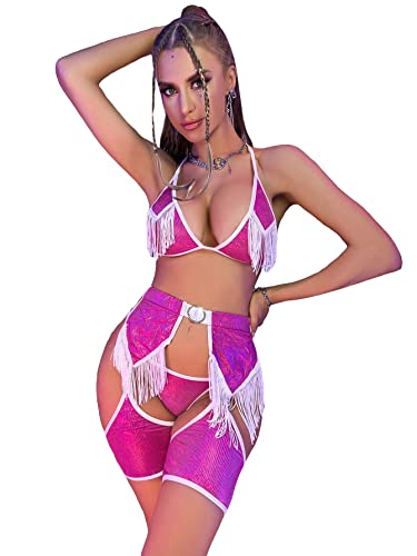 OYOANGLE Women's Fringe Trim Lingerie Set Sequin Teddy Babydoll Strappy Bra and Panty Set - Small - Pink