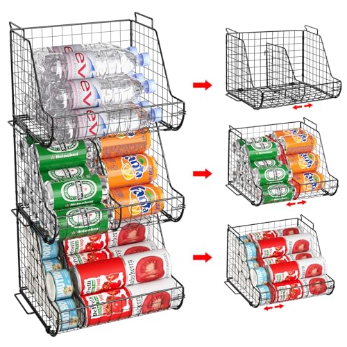 Stacking Can Dispensers 3 Tier with 3 Divider, Large Pantry Can Organizer, Standing Water Bottle Holder, Beverage Drink Pop Soda Can Storage Basket, Canned Food Rack Wire Bins for Kitchen Cabinet