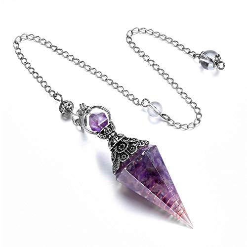 Jovivi Healing Crystal Pendulums for Dowsing Divination 6 Facted Hexagonal Pointed Cone Resin Chip Stones Reiki Wicca Spritual Gemstone Chakra Energy Pendant with Chain - Antique Silver - Amethyst