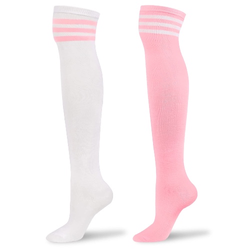 LittleForBig Knie hoch Schulmädchen Lange gestreifte Tube Strümpfe College Style Socken 2 Paar - Weiß und Rosa