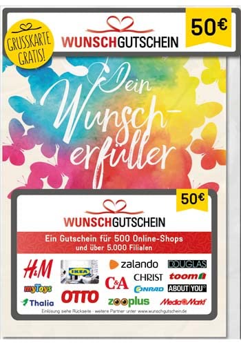 Wunschgutschein das perfekte Geschenk - 500 Einlösepartner - für Deutschland - per Post - 50 - Wunscherfüller