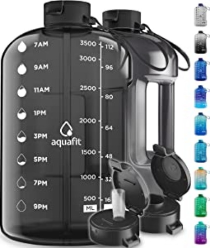AQUAFIT 1 Gallon Water Bottle With Times To Drink - 128 oz Water Bottle With Straw - Motivational Water Bottle - Large Water Bottle - Sports Water Bottle With Time Marker - Gym Water Jug 1 Gallon - Time Markers Gray