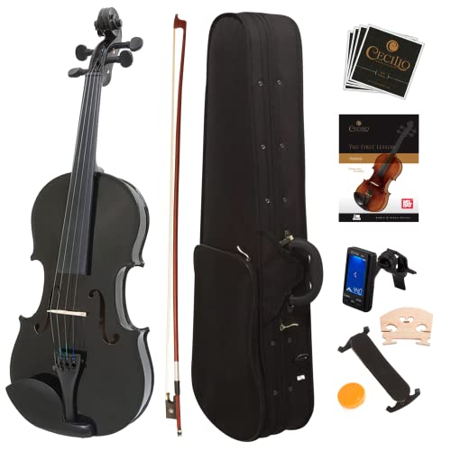 Mendini By Cecilio Violin For Kids & Adults - 4/4 MV Metallic Black Violins, Student or Beginners Kit w/Case, Bow, Extra Strings, Tuner, Lesson Book - Stringed Musical Instruments - 4/4 (Full Size) - Black