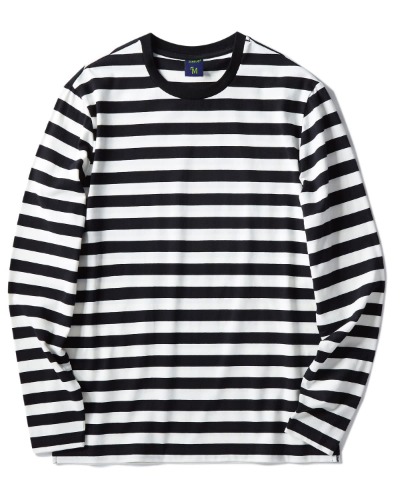 Zengjo Men's Casual Cotton Spandex Striped Crewneck Long-Sleeve T-Shirt Basic Pullover Stripe tee Shirt - XX-Large Black&white Wide