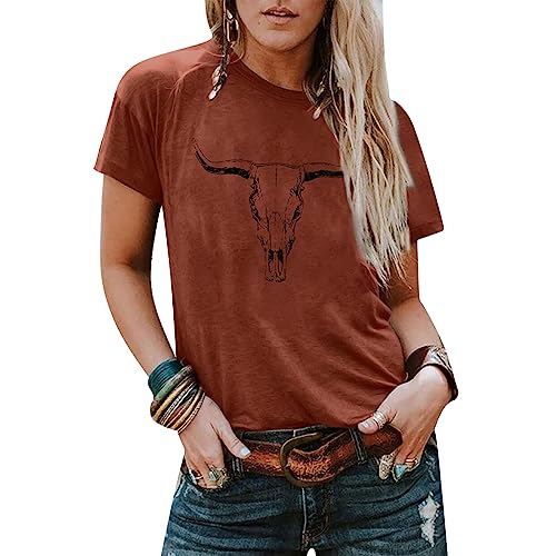 Boho Cow Skull Shirt Women Cowgirl t Shirt Vintage Western Rodeo Graphic Tee Short Sleeve Bull Skull Casual Top - Small - Brown