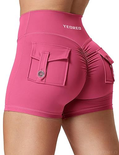 YEOREO Scrunch Workout Shorts with Pockets Charm Gym Biker Shorts for Women High Waisted Yoga Booty Shorts - Small - Rose Red