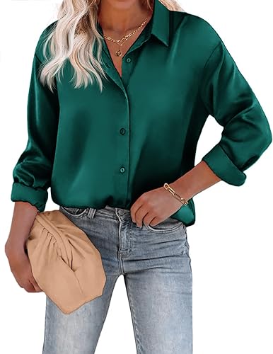 Chigant Women's Blouse Satin Silk Shirts Button Down Shirts Casual Loose Long Sleeve Office Work Tunic Tops - A-wine Red Small