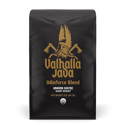Death Wish Coffee, Valhalla Java Dark Roast Grounds - Extra Kick of Caffeine - 5 Lb. - Bold & Intense Blend of Arabica Robusta - USDA Organic - Strong Coffee for Morning Boost - Valhalla Java - 80 Ounce (Pack of 1)
