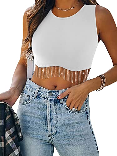 Womens Nashville Sparkly Rhinestone Fringe Sleeveless Crop Tops Y2K Raceback Ribbed Cropped Tank Tops with Glitter Tassel - Small - 2-white