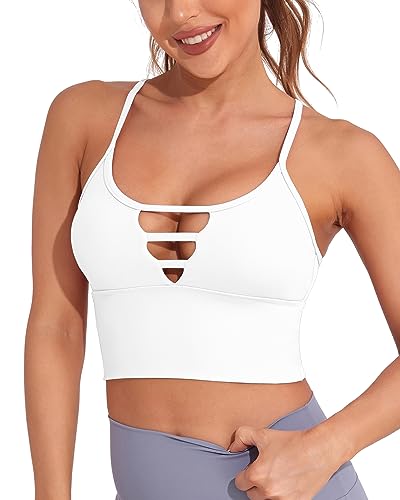 AngiMelo Longline Sport Bra for Women Camisole Workout Yoga Crop Top Strappy Padded Fitness Tank Shirts - Medium - White Sports Bra