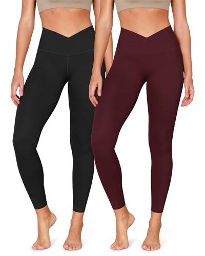 ODODOS ODCLOUD 2-Pack Cross Waist 7/8 Leggings with Pockets for Women, 25" / 28" Buttery Soft Crossover Lounge Yoga Pants - 25 inches - Small - Black+burgundy