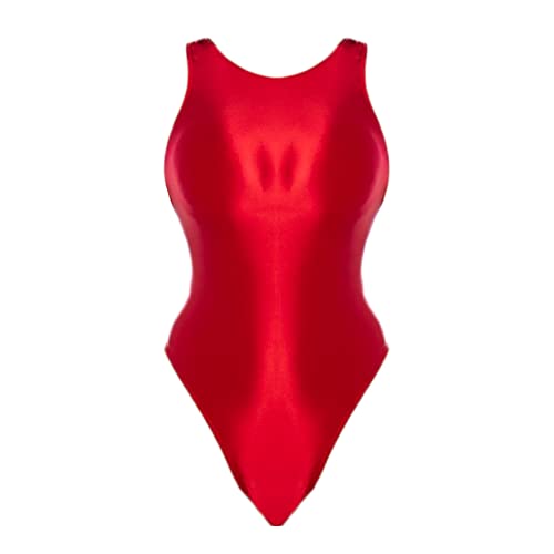 XCKNY Silky Glossy one Piece Swimsuit Shiny Japanese Thongs Backless Belly Covering Swimsuit - Medium - Red