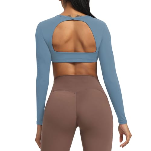 Aoxjox Long Sleeve Crop Tops for Women Clarissa Backless Workout Crop T Shirt Top - Small - Steel Blue