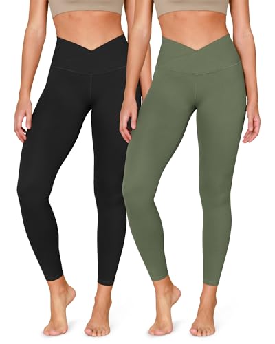ODODOS ODCLOUD 2-Pack Cross Waist 7/8 Leggings with Pockets for Women, 25" / 28" Buttery Soft Crossover Lounge Yoga Pants