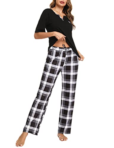 Bresdk Pijama Mujer Algodón Manga Corta Conjunto de Pijamas para Mujer Largo Pantalones a Cuadros Ropa de Dormir Ligero 2 Piezas - M - Cuadros Negro