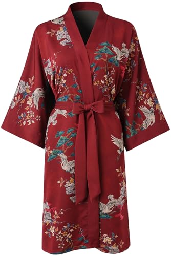 Ledamon Bata corta tipo kimono para mujer, bata de baño floral con bolsillo - Talla única - Rojo vino