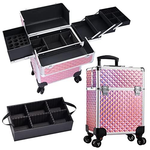 Professional Extra Large Makeup Trolley Lockable Rolling Train Case Artist Make Up Box Beauty Cosmetics Storage Organizer with Removable Middle Layer - Pink Diamond Surface - Pink