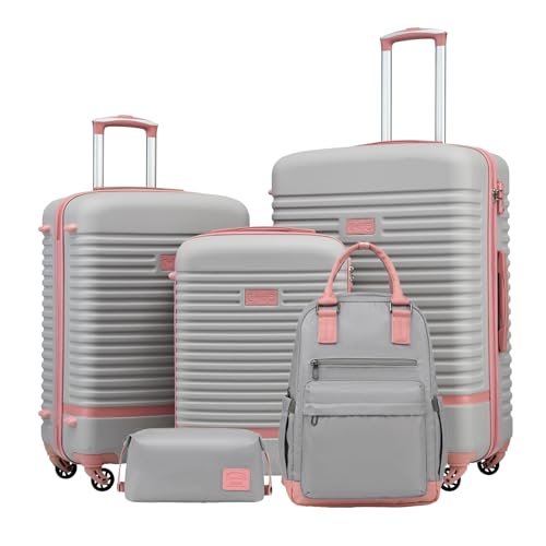 COOLIFE Suitcase Trolley Carry On Hand Cabin Luggage Hard Shell Travel Bag Lightweight with TSA Lock,The Suitcase Included 1pcs Travel Backpack and 1pcs Toiletry Bag (Pink/Grey, 5 Piece Set) - 5 Piece Set - Pink/Grey