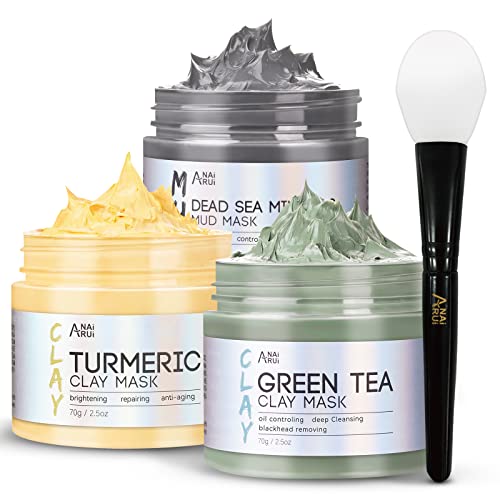 ANAiRUi Turmeric Clay Mask - Green Tea Detox Clay Mask - Dead Sea Minerals Mud Mask, Spa Facial Mask Set for Deeply Cleansing, Detoxing, Reducing Acne, Pores and Blackheads, 210g - Orange