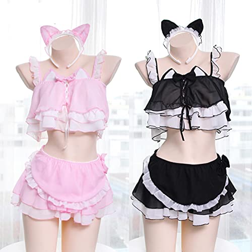 asdsad Sexy Lolita Frauen Anime Dessous Set Kawaii Katze Mädchen Rüschen Camisoles Unterwäsche Set Japan Cosplay Sleepwear Night Rock - Rosa - Einheitsgröße