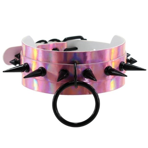 Hollow Ground' Holographic Black Spike Choker (4 colors) - Pink