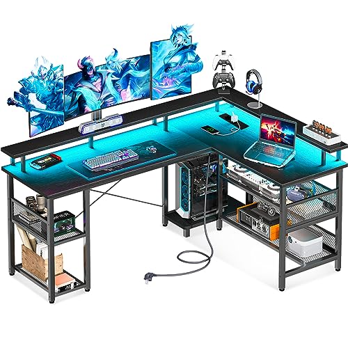ODK Gaming Schreibtisch mit LED, Reversibel Schreibtisch L Form mit 2 Steckdosen und 2 USB Ladeanschluss, Eckschreibtisch Schwarz mit Großzügiger Stauraum, 168×120cm cm - 168×120cm - Schwarz