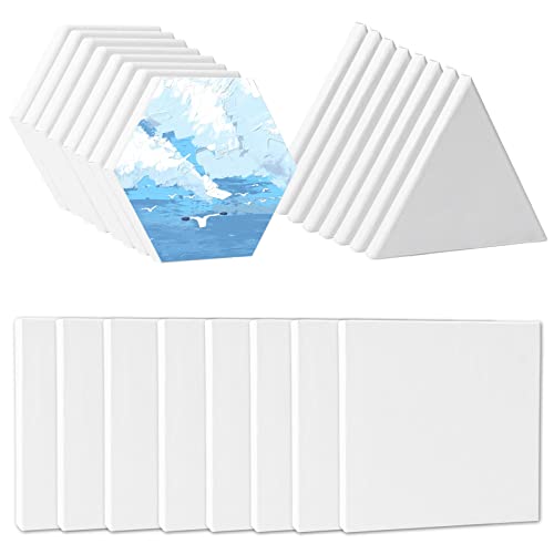 24 Pieces Stretched Canvas, Painting Canvas Panel Hexagon Triangle Square Shape Blank Canvas Boards, Blank Canvas Frame Set for Acrylic, Oil, Gouache, Tempera Paints (6 Inch, White)
