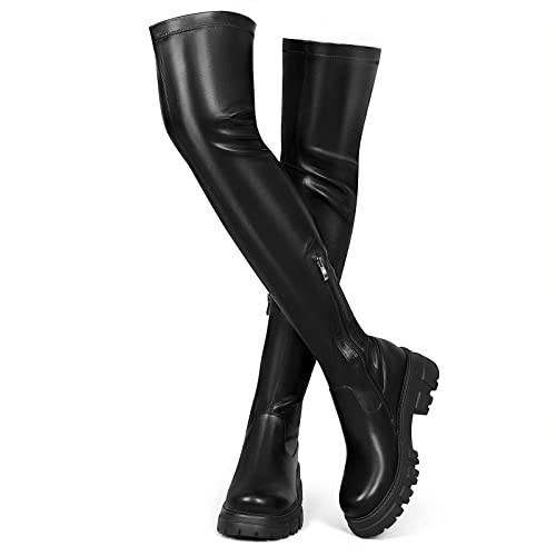 CouieCuies Black Thigh High Boots For Women Platform Over The Knee High Boots Lug Sole Comfortable Stretch Boots Low Heels - 6 - Black-pu