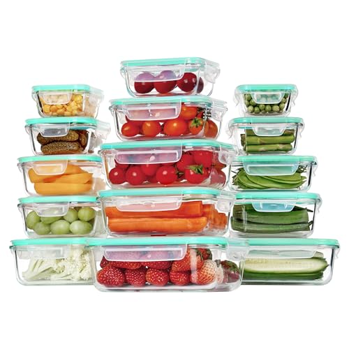 Vtopmart 15 Pack Glass Food Storage Containers, Meal Prep Containers, Airtight Glass Bento Boxes with Leak Proof Locking Lids, for Microwave, Oven, Freezer and Dishwasher - Green-15pack