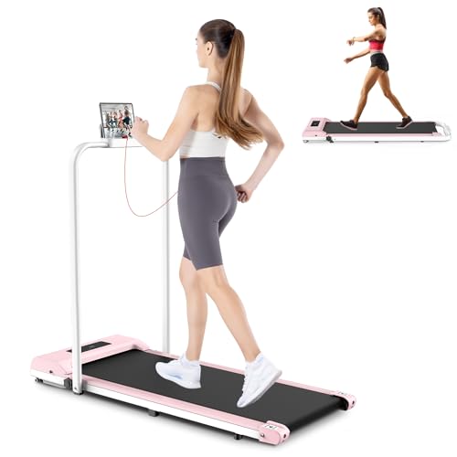 HOMEFITNESSCODE Foldable Treadmill Walking Pad Under Desk, 6.2MPH Folding Treadmill with Handle for Office & Home, 2.5HP Running Machine with 300 LBS Capacity, Safety Lock - Pink