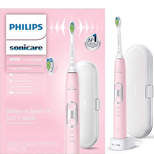 Philips Sonicare ProtectiveClean 6100 Whitening, Rechargeable Electric Toothbrush, Pastel Pink HX6876/21 - 1 Count (Pack of 1) - Pink