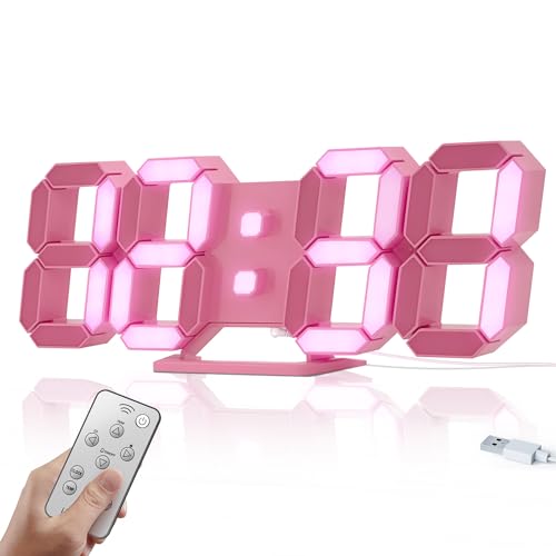 COVERY Pink Digital Wall Clock, 3D LED Desk Clocks, 10 '' Large Numbers, One-Touch Light Switch for Girl Room - Alarm, Snooze, Temperature, Wireless Remote, Nightlight, Auto Brightness Lights - 10'' Pink Light Led Clock With Verified By Transparency