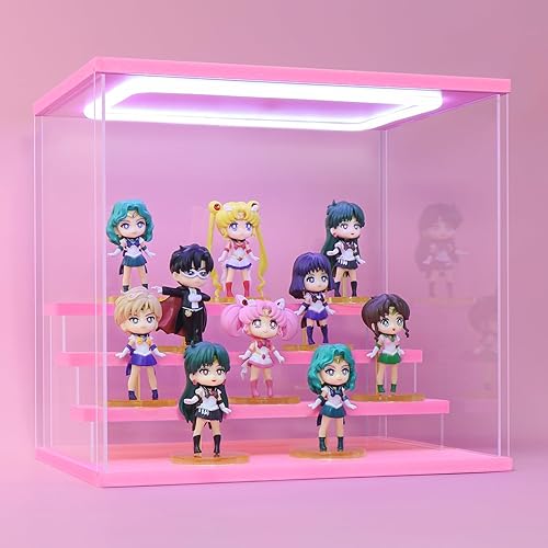 Naconmlet Clear Acrylic Display Case with Light for Funko Pop Figures,4-Tiered Display Stand Organizer Dustproof Showcase for Action Figures Mini Toys or Collectibles - 4 Tier-W*D*H-12.6"x9.4"x11.7"inches - Pink