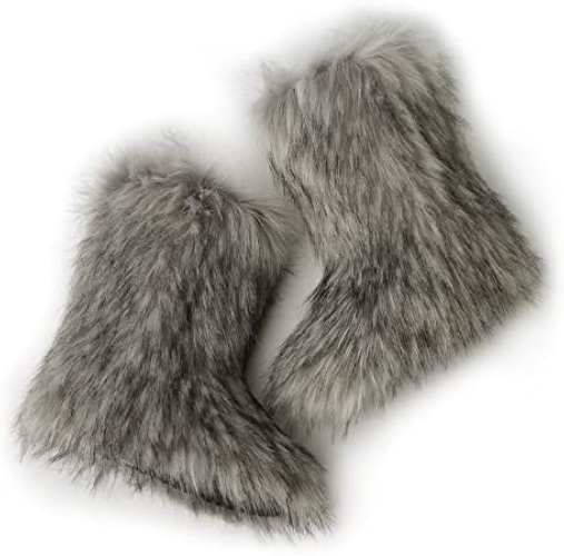 ZSGYCHCY Women's Faux Fur Boots Winter Fuzzy Fluffy Warm Furry Snow Boots Flat Shoes - 8 Light Grey