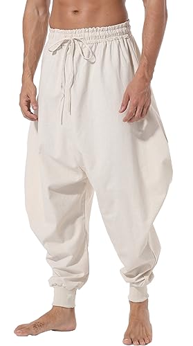 AITFINEISM Mens Cotton Baggy Hippie Boho Gypsy Aladdin Yoga Harem Pants - Medium - Pure White