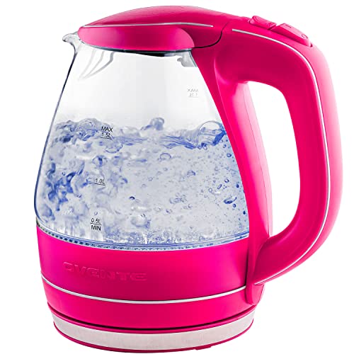 OVENTE Glass Electric Kettle Hot Water Boiler 1.5 Liter Borosilicate Glass Fast Boiling Countertop Heater - BPA Free Auto Shut Off Instant Water Heater Kettle for Coffee & Tea Maker - Pink KG83F - Fuchsia Pink