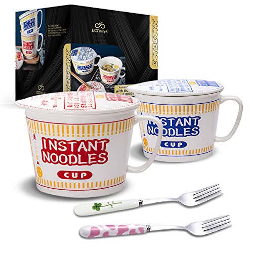 ECTbicyk Ramen Bowls Set with Lid and Handle Cute Instant Ramen Noodle Bowl Anime Ceramic Large Noodle Bowl Sets with Fork, Gift for Ramen Lovers (2PCS, Red & Blue) - 2PCS, Red & Blue