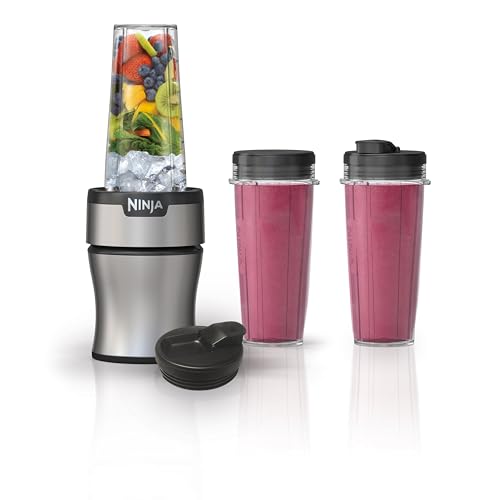 Ninja BN301 Nutri-Blender Plus Compact Personal Blender, 900-Peak-Watt Motor, Frozen Drinks, Smoothies, Sauces & More, (3) 20 oz. To-Go Cups, (2) Spout-Lids (1) Storage-Lid, Dishwasher Safe, Silver - Silver - Blender + 3 Cup