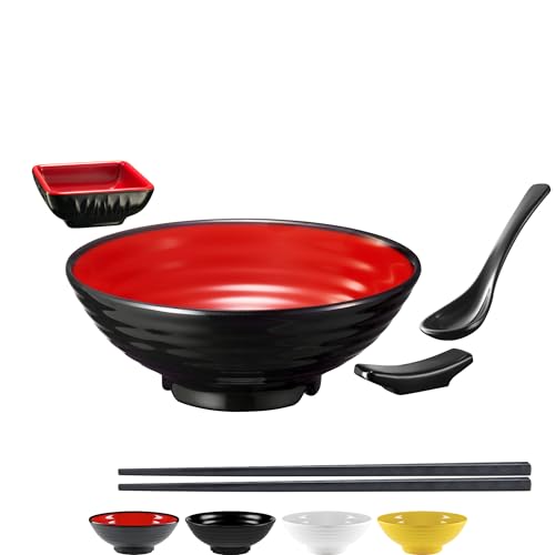 Unbreakable Ramen Bowl Set with Chopsticks and Spoon: 1 large Japanese Style Melamine Ramen Bowl, Dipping Bowl and Chopsticks and Stand for Asian Pho Soup Thai Miso Udon Wonton (1 Bowl Set, Red-Black) - 1 Bowl Set - Red & Black