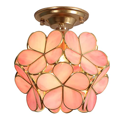Petal Tiffany Style Stained Glass Close to Ceiling Light, 8 inches (Pink) - Pink
