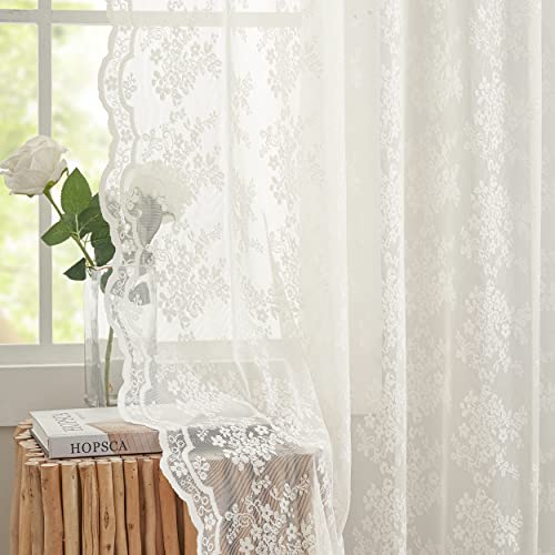 Sheer Lace Curtains for Bedroom Ivory Elegant Victorian Curtains Scalloped Edges Floral Kitchen Window Curtains 63 Inch Length Rod Pocket, 52 x 63 Inch, Ivory - Ivory 52"x 63"|Pair