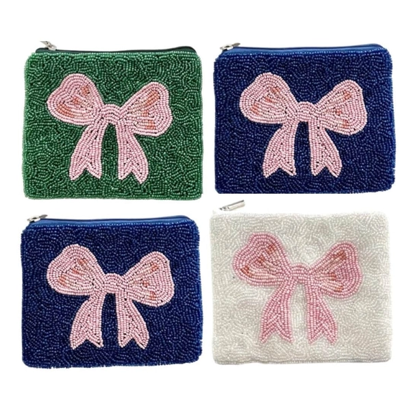 Pink Bow Beaded Coin Purse Preppy Beaded Bag, Beaded Wallet, Coin Pouch, Christmas Gifts, Change Purse, Kids Gifts, Best Friend Gifts