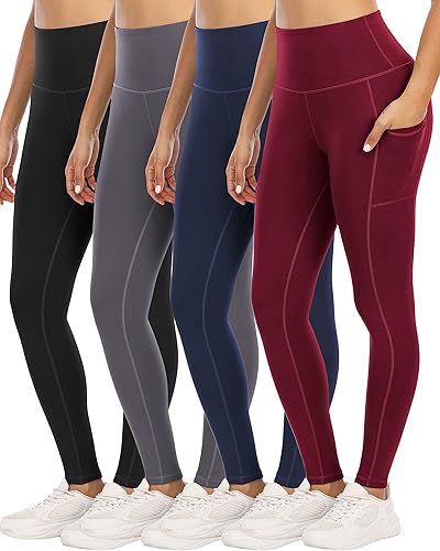 YOUNGCHARM 4 Pack Leggings with Pockets for Women,High Waist Tummy Control Workout Yoga Pants - Medium - 4 Packs-black/Gray/Navy/Burgundy