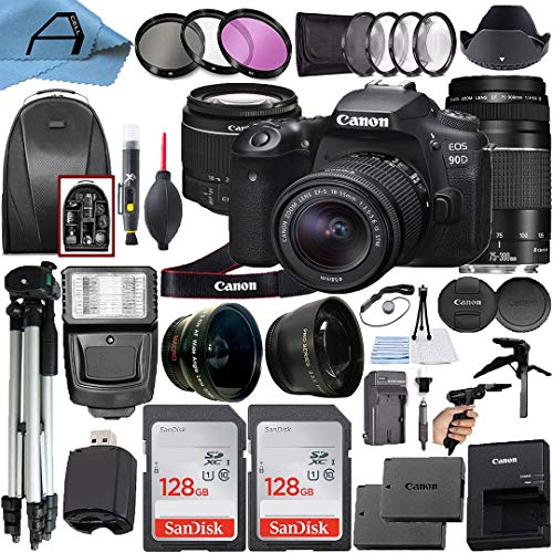 Canon EOS 90D 32.5MP DSLR Camera with EF-S 18-55mm is STM & EF 75-300mm Daul Lens Kit, 2 Pack SanDisk 128GB Memory Card, Backpack, Flash Light, Tripod and A-Cell Accessory Bundle - 128GB Card