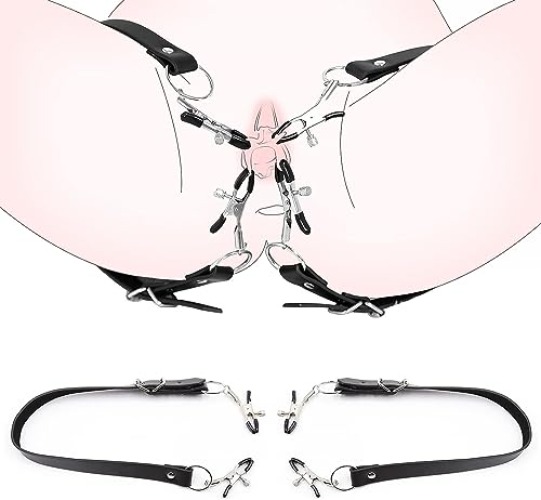 Labia Spreader for Women, BDSM Pussy Clamp Nipple Clamps Clitoral Clips with Adjustable Leather Straps, Fetish Bondage Vagina Stimulator Adult Sex Toys 15-27inches