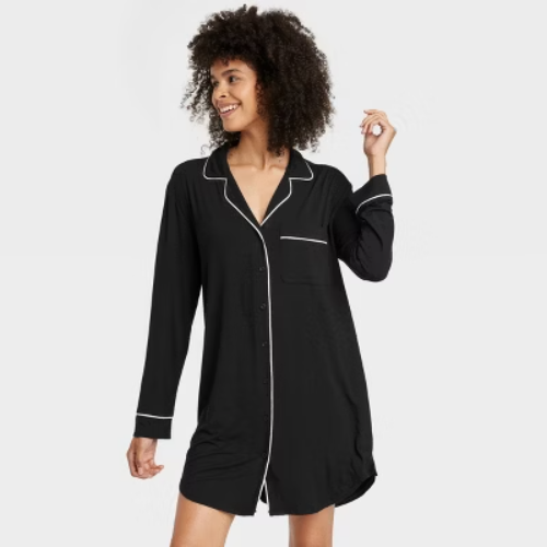 Women's Cloud Knit Notch Collar Long Sleeve NightGown - Auden™ Black XL