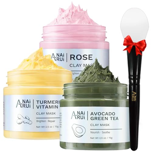 ANAIRUI Turmeric Clay Face Mask - Rose Pink Clay Facial Mask - Avocado Green Tea Mud Mask, SPA Facial Mask Set, 2.5 oz Each - Pink