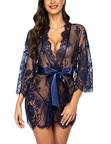 Avidlove Women's Lace Kimono Robe Babydoll Lingerie Mesh Nightgown S-5XL, Navy Blue, X-Large