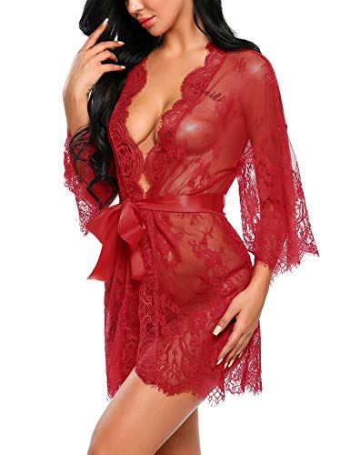 Avidlove Women's Lace Kimono Robe Babydoll Lingerie Mesh Nightgown S-5XL, Dark Red, X-Small